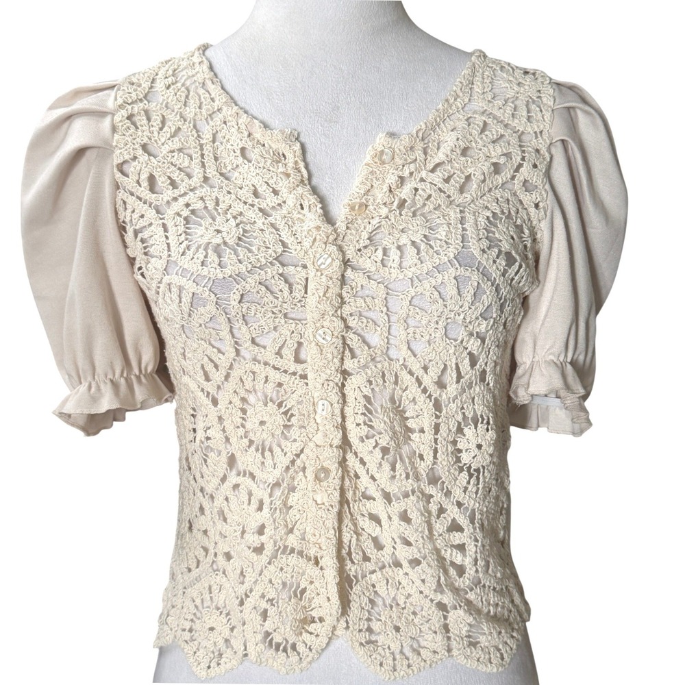 Vintage Style Crochet Lace Short Puff Sleeve Button Top Sheer Cottagecore Boho S